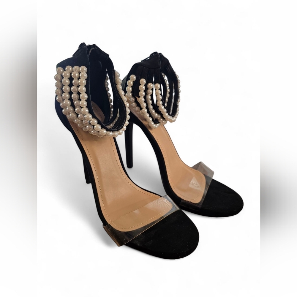Yoki Black Velvet Pearl Ankle Strap Illusion High Heel Stiletto Sandals Size 9